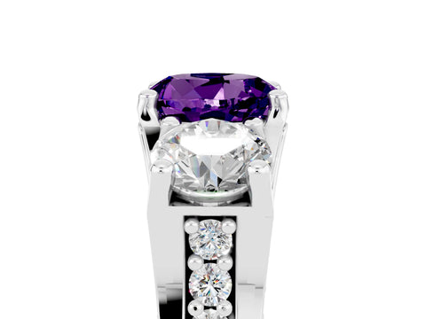 White gold Round Cut Amethyst Three-Stone Ring with Channel Set Band and Four-Prong Setting_5