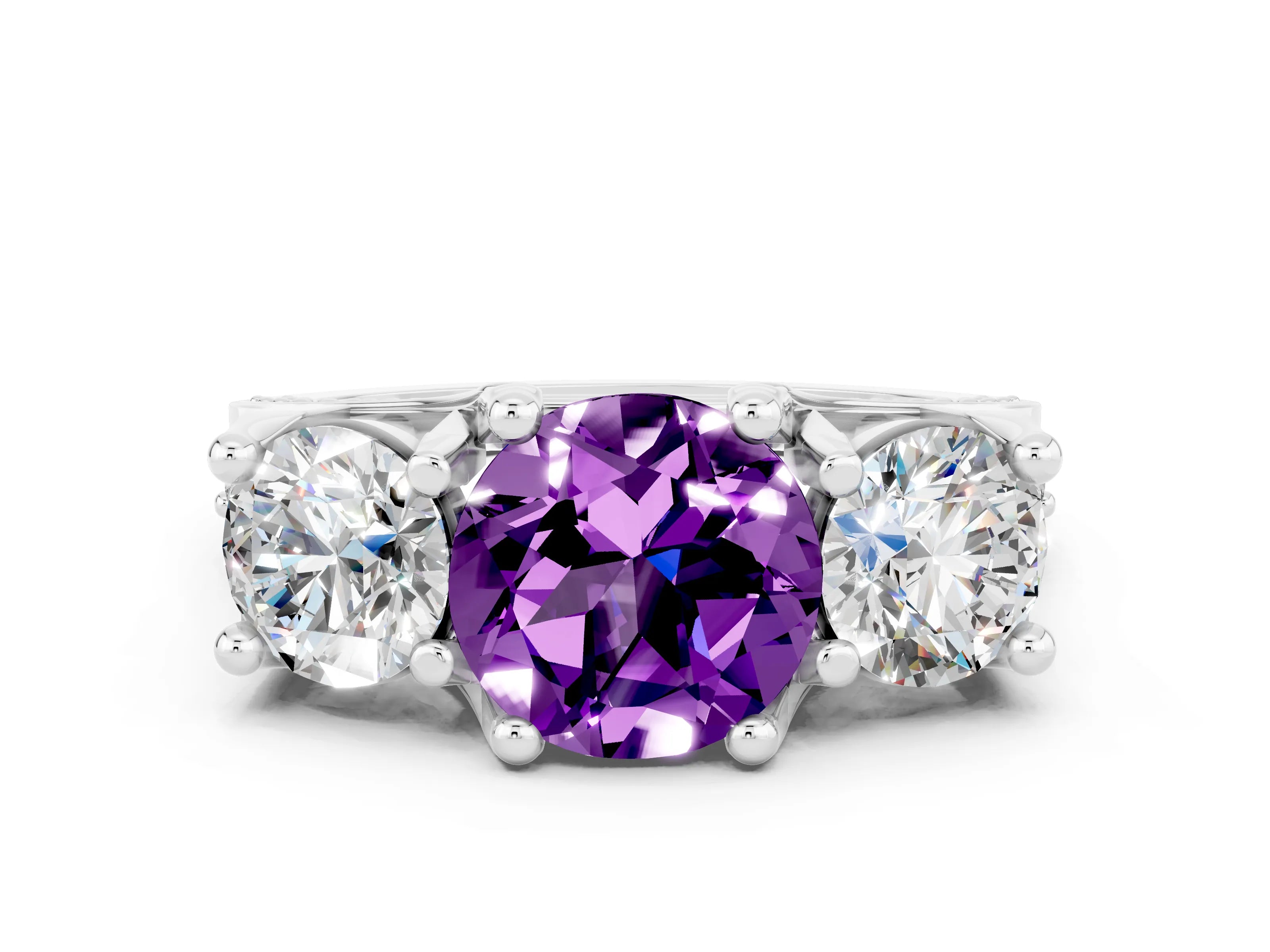White gold Round Cut Amethyst Three-Stone Ring with Channel Set Band and Four-Prong Setting
