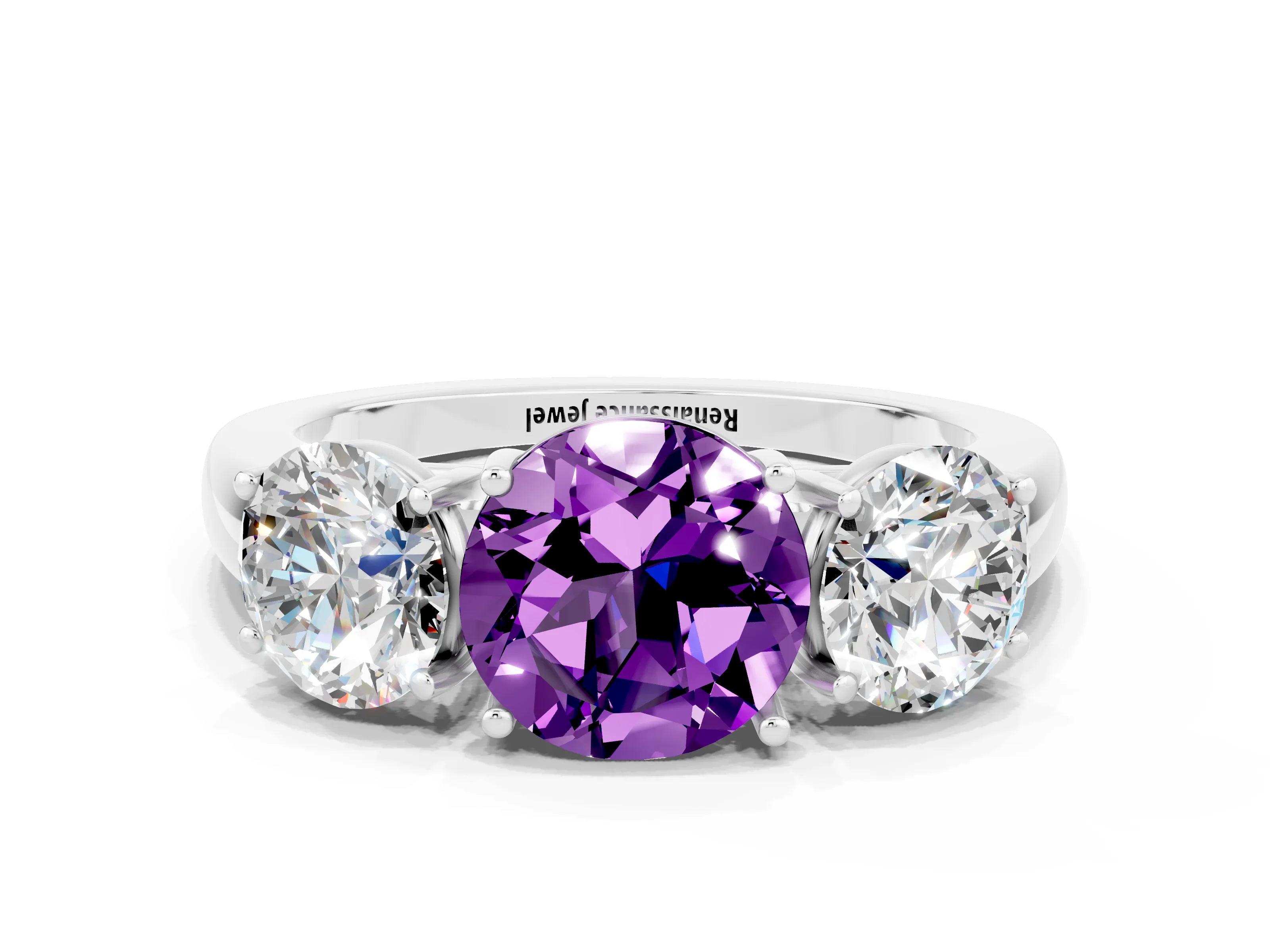 White gold Round Cut Amethyst Three-Stone Ring with Four-Prong Setting and Classic Band