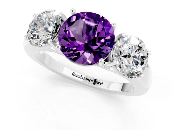 Platinum Round Cut Amethyst Three-Stone Ring with Four-Prong Setting and Classic Band