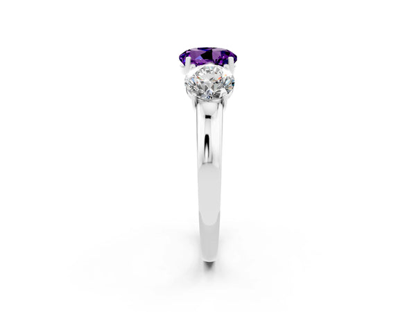 Platinum Round Cut Amethyst Three-Stone Ring with Four-Prong Setting and Classic Band