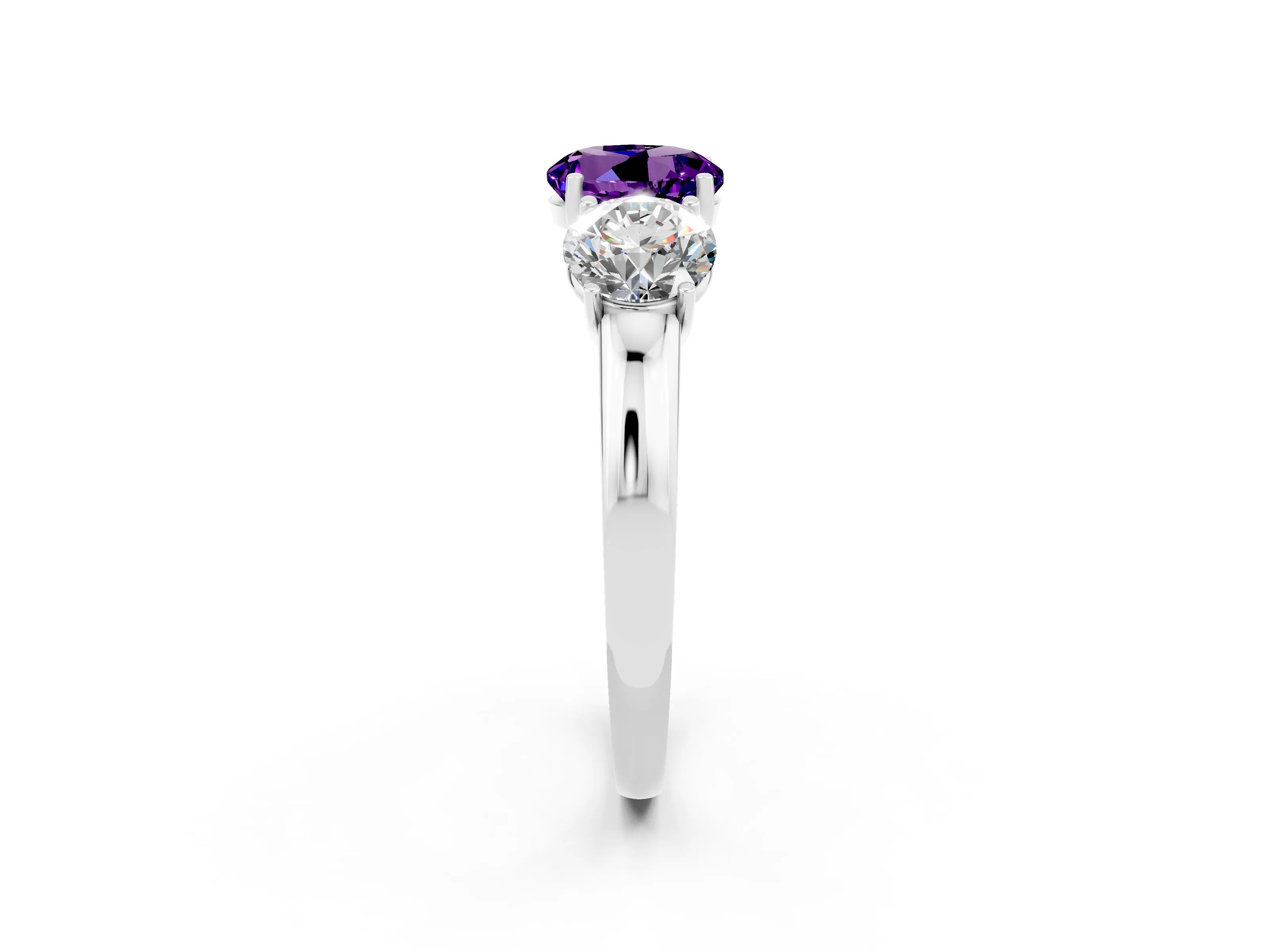 White gold Round Cut Amethyst Three-Stone Ring with Four-Prong Setting and Classic Band_2
