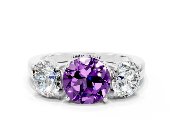 Silver Round Cut Amethyst Three-Stone Ring with Four-Prong Setting and Classic Band