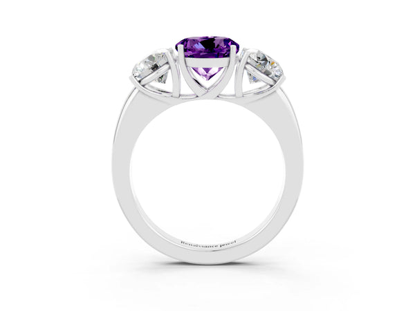 White gold Round Cut Amethyst Three-Stone Ring with Four-Prong Setting and Classic Band