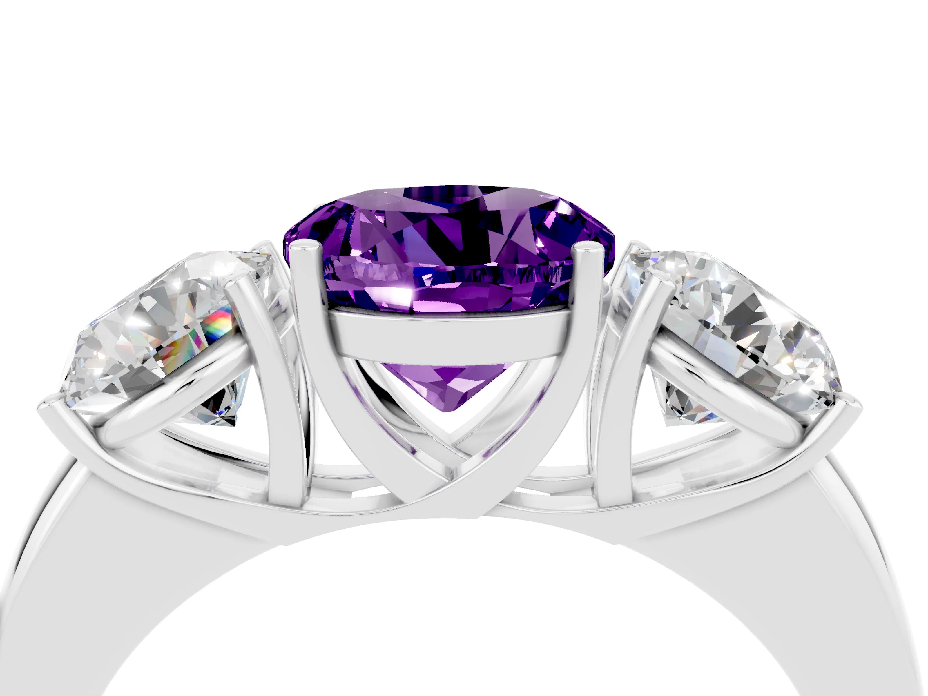 White gold Round Cut Amethyst Three-Stone Ring with Four-Prong Setting and Classic Band_4