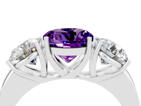 White gold Round Cut Amethyst Three-Stone Ring with Four-Prong Setting and Classic Band_4