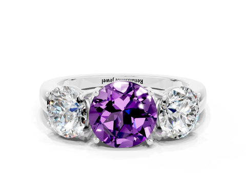 White gold Round Cut Amethyst Three-Stone Ring with Four-Prong Setting and Classic Band