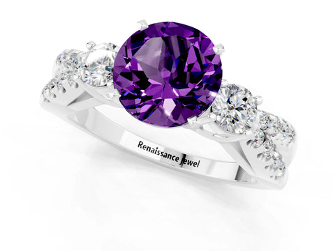 White gold Round Cut Amethyst Three-Stone Ring with Pavé Split Shank and Four-Prong Setting_1