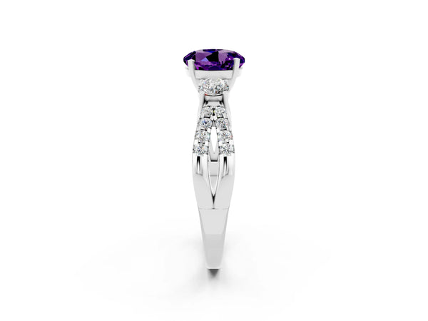 Silver Round Cut Amethyst Three-Stone Ring with Pavé Split Shank and Four-Prong Setting