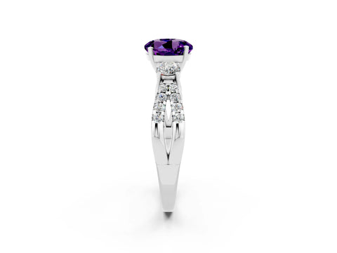 White gold Round Cut Amethyst Three-Stone Ring with Pavé Split Shank and Four-Prong Setting_2