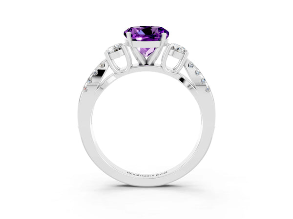 White gold Round Cut Amethyst Three-Stone Ring with Pavé Split Shank and Four-Prong Setting
