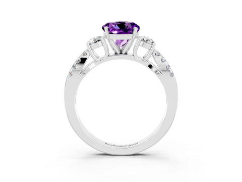 White gold Round Cut Amethyst Three-Stone Ring with Pavé Split Shank and Four-Prong Setting_3