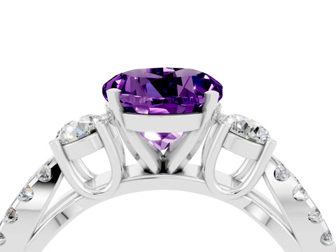 White gold Round Cut Amethyst Three-Stone Ring with Pavé Split Shank and Four-Prong Setting_4