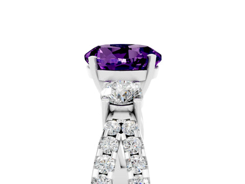 White gold Round Cut Amethyst Three-Stone Ring with Pavé Split Shank and Four-Prong Setting_5