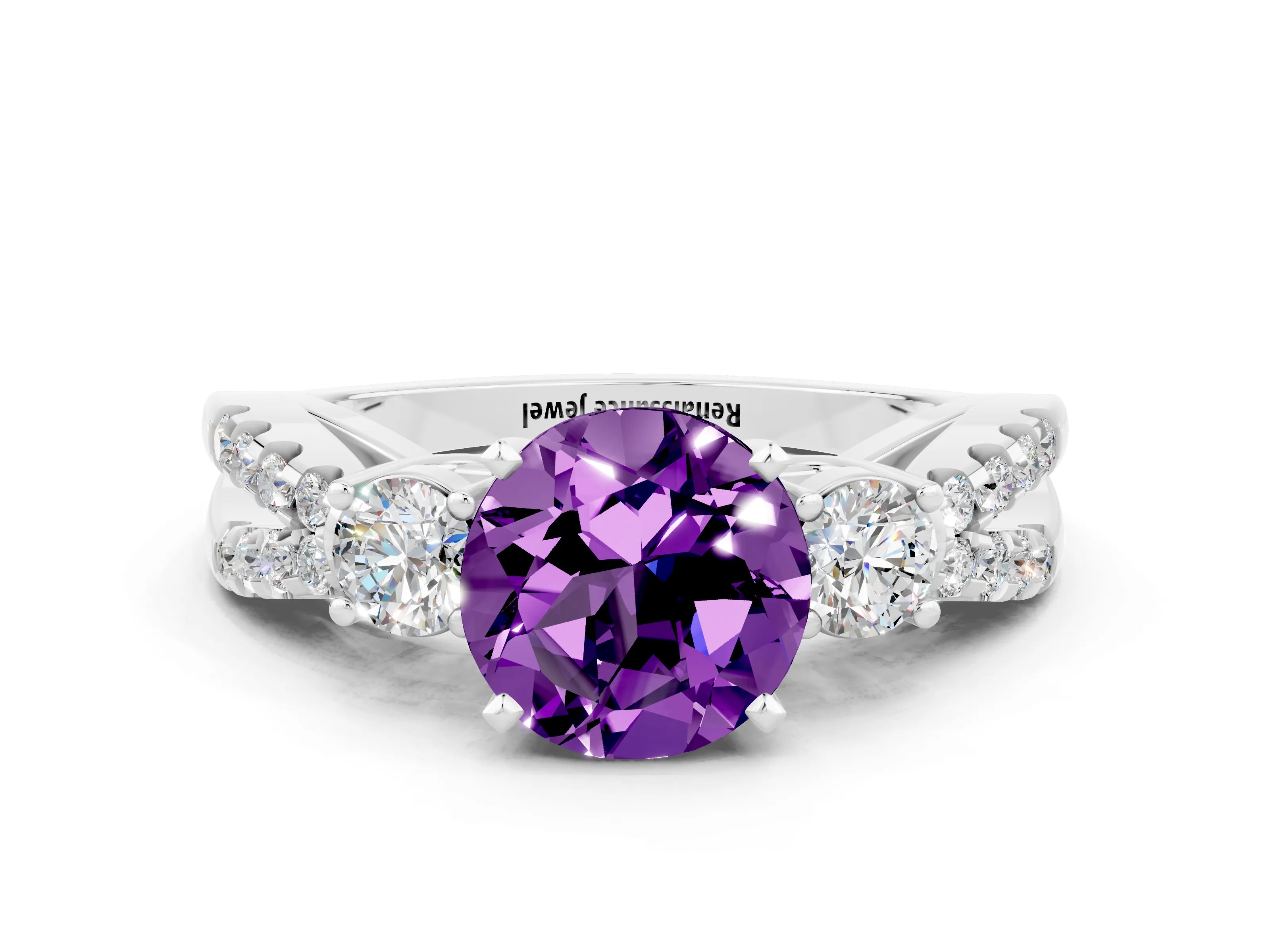 White gold Round Cut Amethyst Three-Stone Ring with Pavé Split Shank and Four-Prong Setting