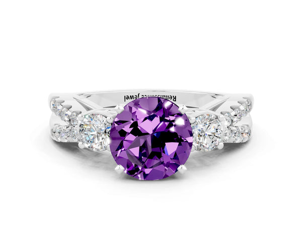 Silver Round Cut Amethyst Three-Stone Ring with Pavé Split Shank and Four-Prong Setting