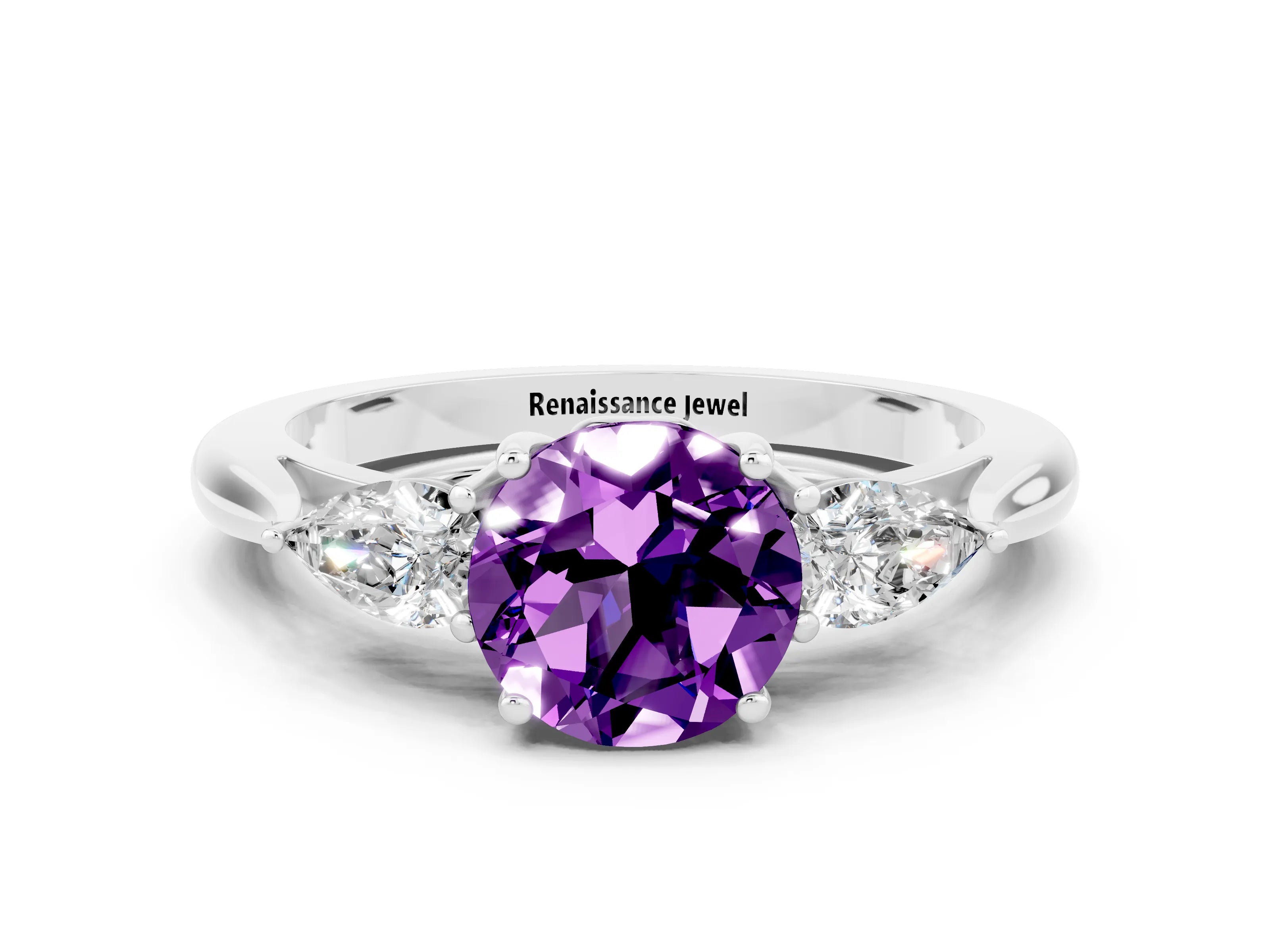 White gold Round Cut Amethyst Three-Stone Ring with Pear Side Stones and Four-Prong Setting_12