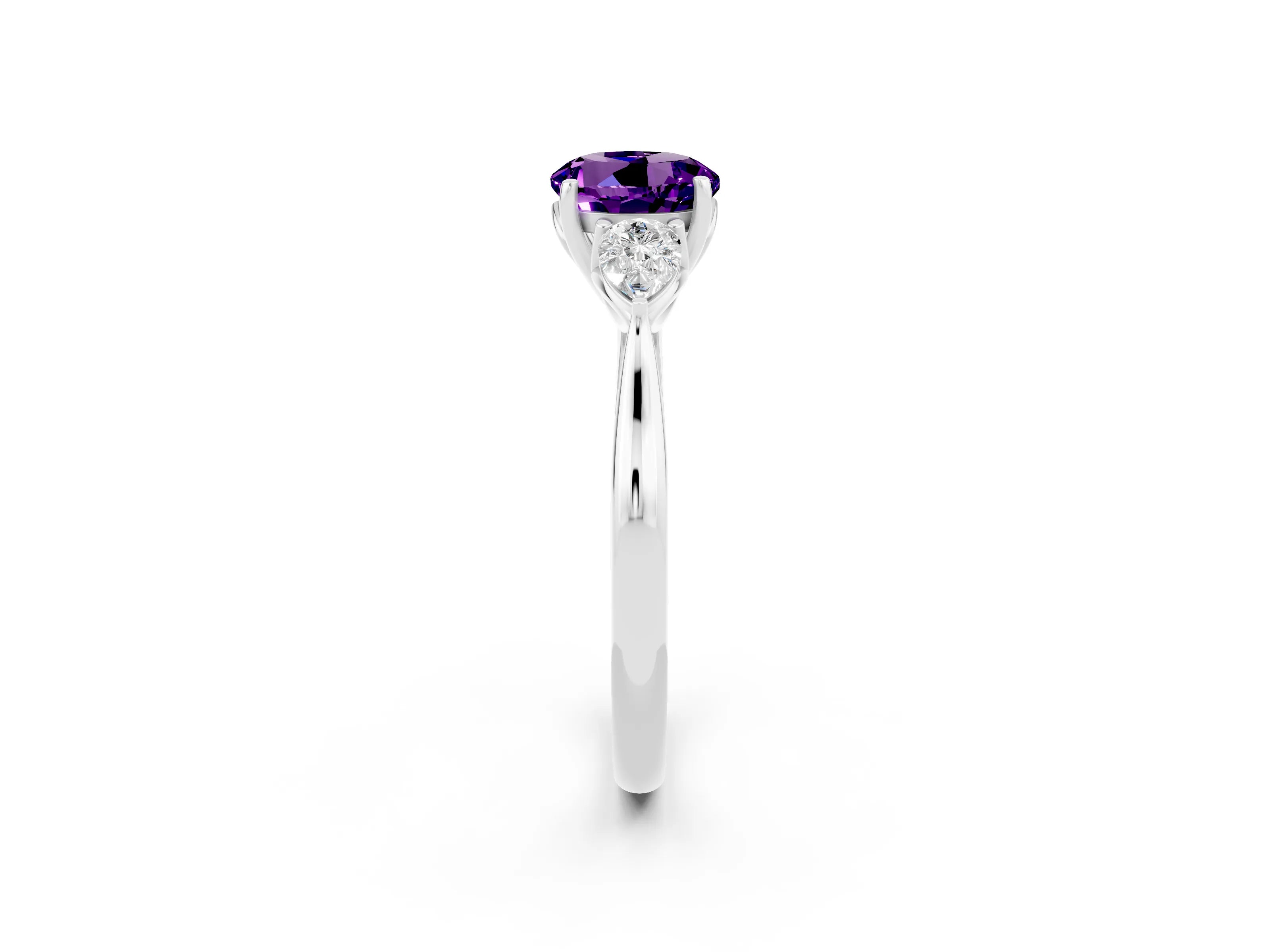 White gold Round Cut Amethyst Three-Stone Ring with Pear Side Stones and Four-Prong Setting_14