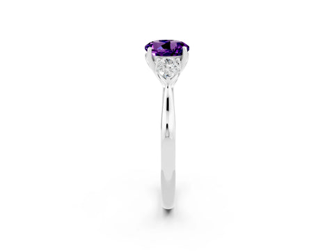 White gold Round Cut Amethyst Three-Stone Ring with Pear Side Stones and Four-Prong Setting_14