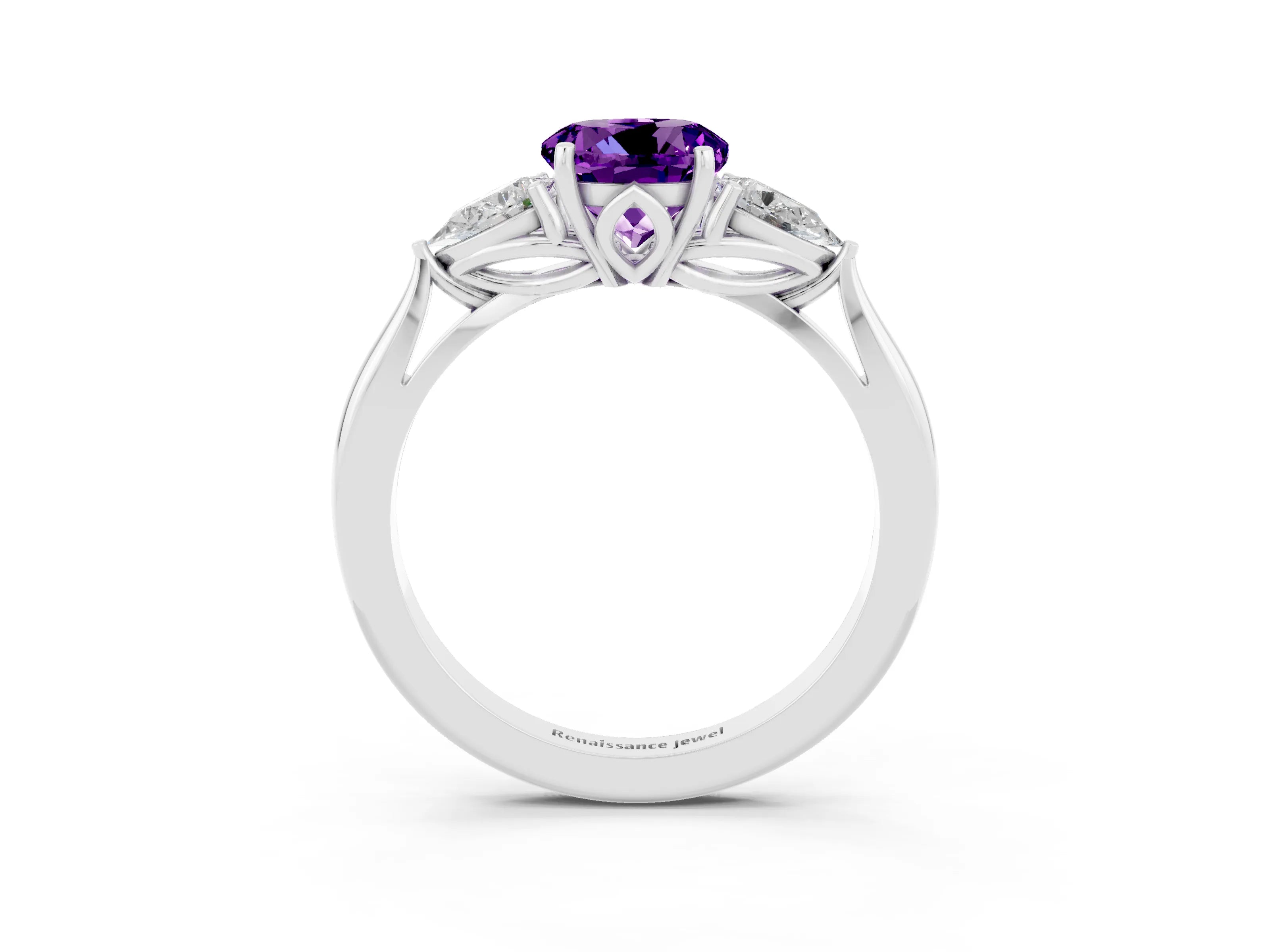 White gold Round Cut Amethyst Three-Stone Ring with Pear Side Stones and Four-Prong Setting_15