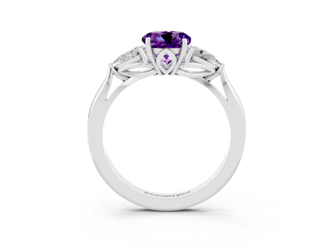 White gold Round Cut Amethyst Three-Stone Ring with Pear Side Stones and Four-Prong Setting_15