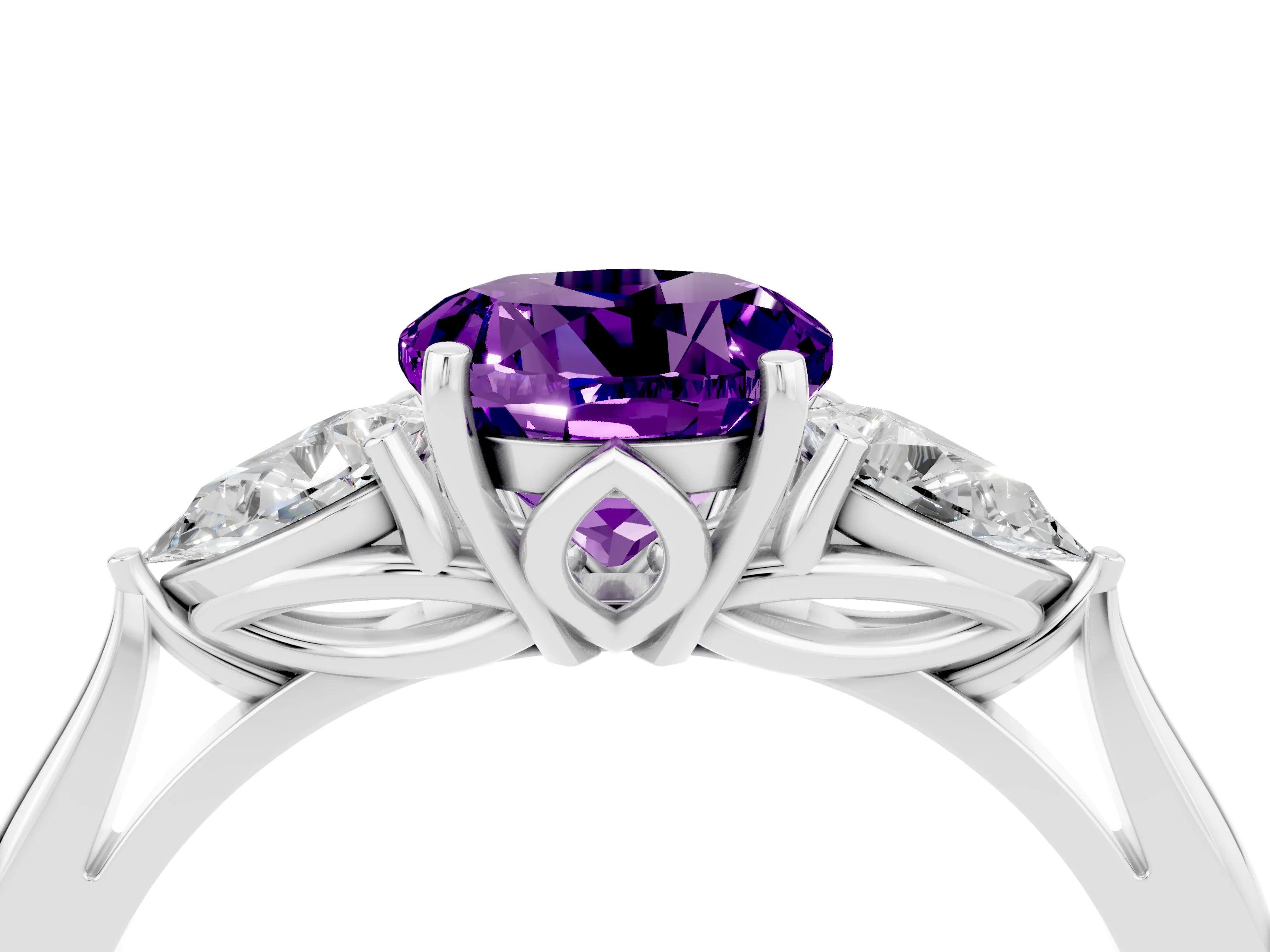 White gold Round Cut Amethyst Three-Stone Ring with Pear Side Stones and Four-Prong Setting_16