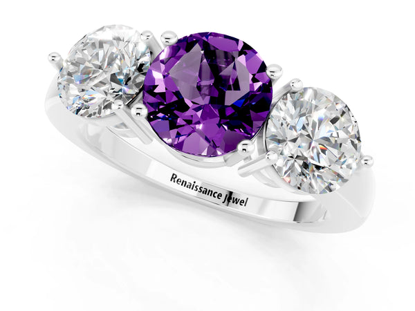 Platinum Round Cut Amethyst Three-Stone Ring with Prong Setting and Classic Band