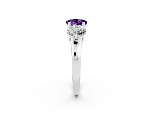 Silver Round Cut Amethyst Three-Stone Ring with Prong Setting and Classic Band