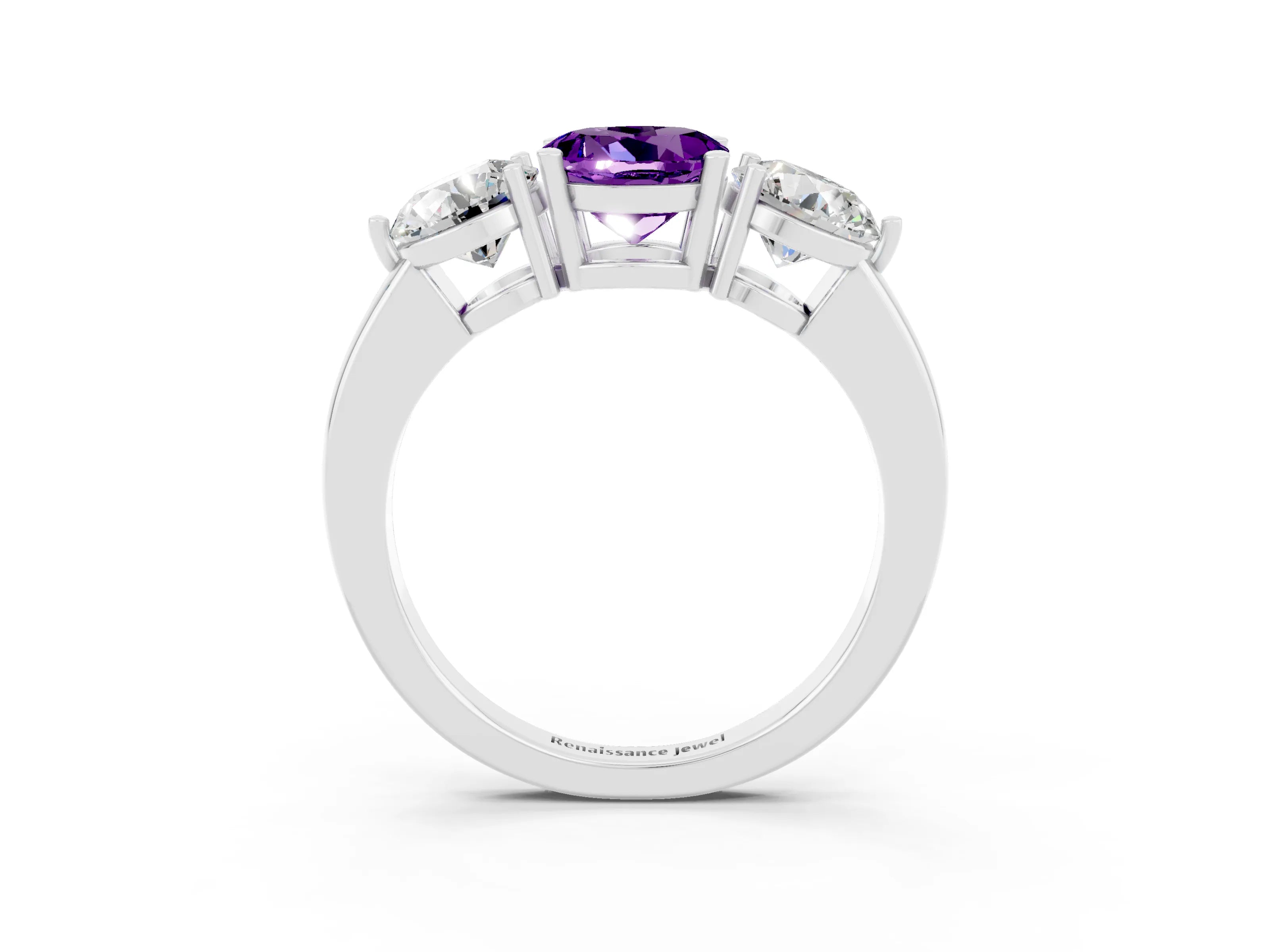 White gold Round Cut Amethyst Three-Stone Ring with Prong Setting and Classic Band_3