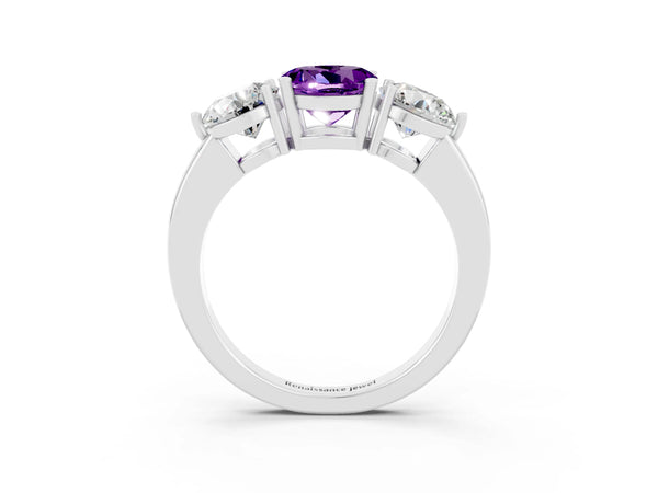 White gold Round Cut Amethyst Three-Stone Ring with Prong Setting and Classic Band