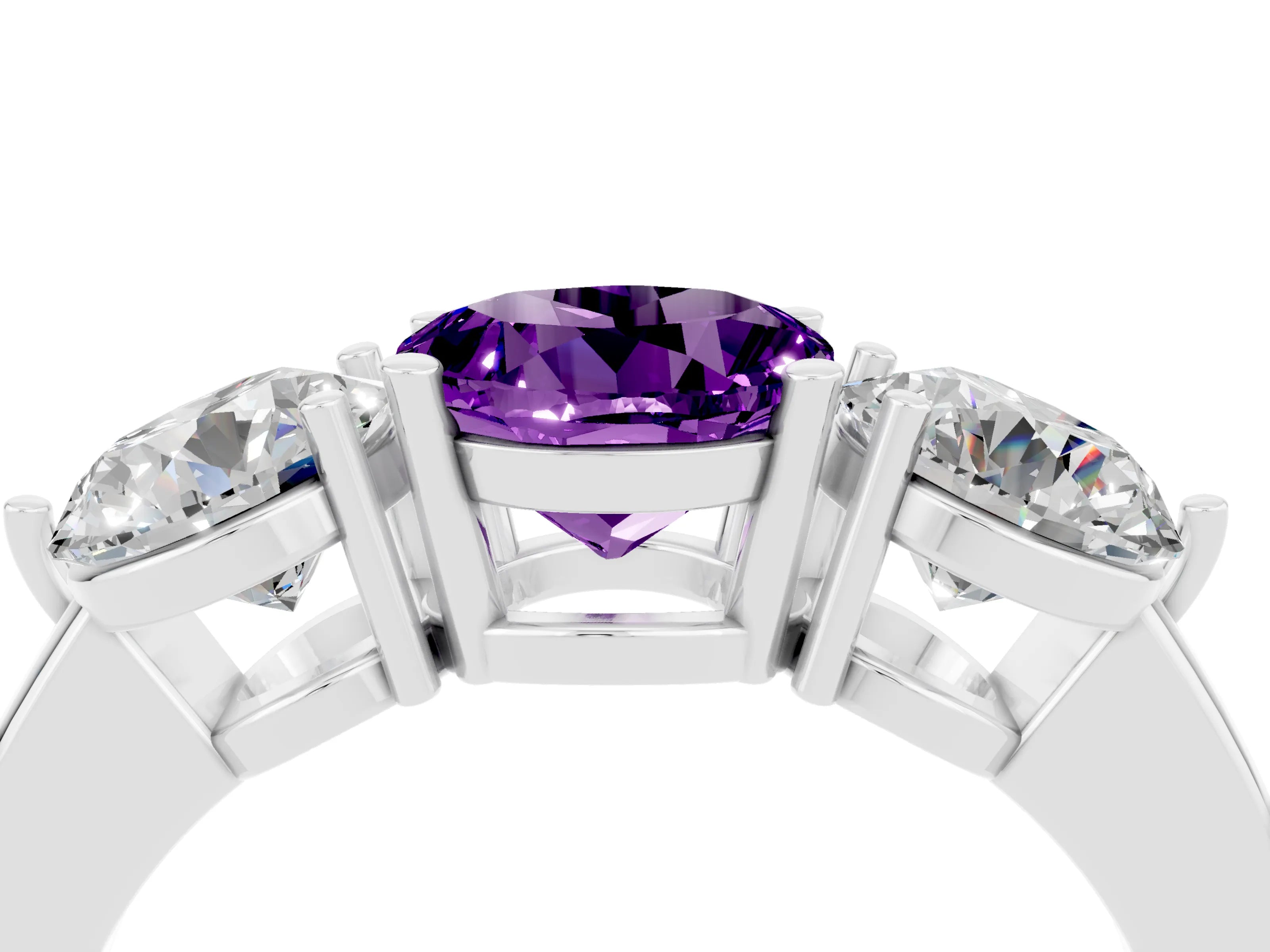 White gold Round Cut Amethyst Three-Stone Ring with Prong Setting and Classic Band_4