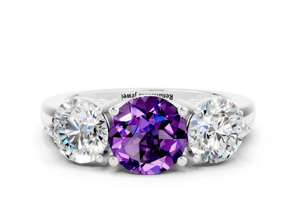 White gold Round Cut Amethyst Three-Stone Ring with Prong Setting and Classic Band
