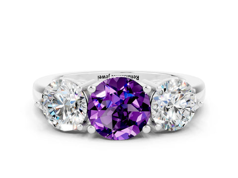 White gold Round Cut Amethyst Three-Stone Ring with Prong Setting and Classic Band