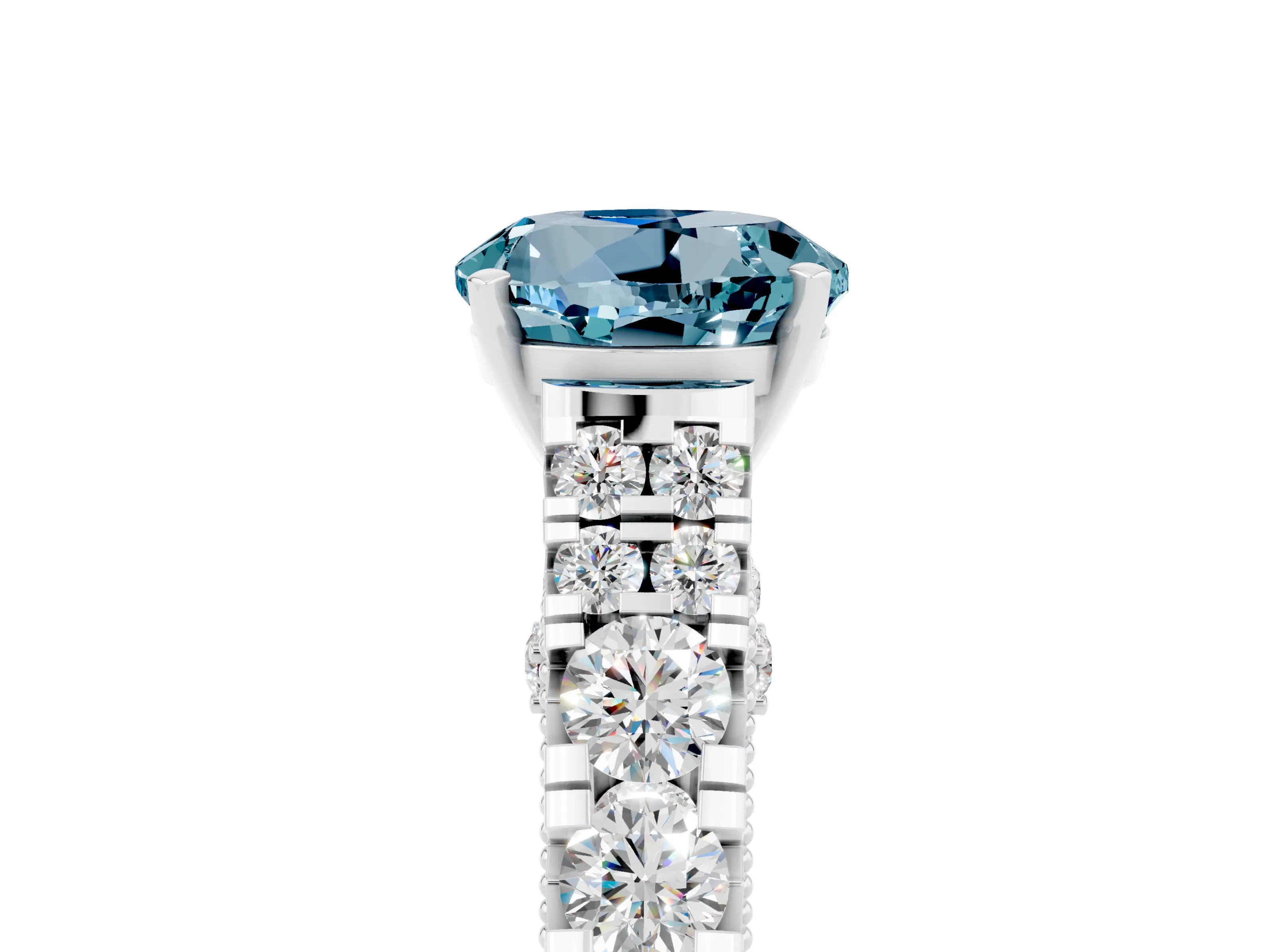 White gold Round Cut Aquamarine Classic Solitaire Ring with Pavé Band and Four-Prong Setting_11