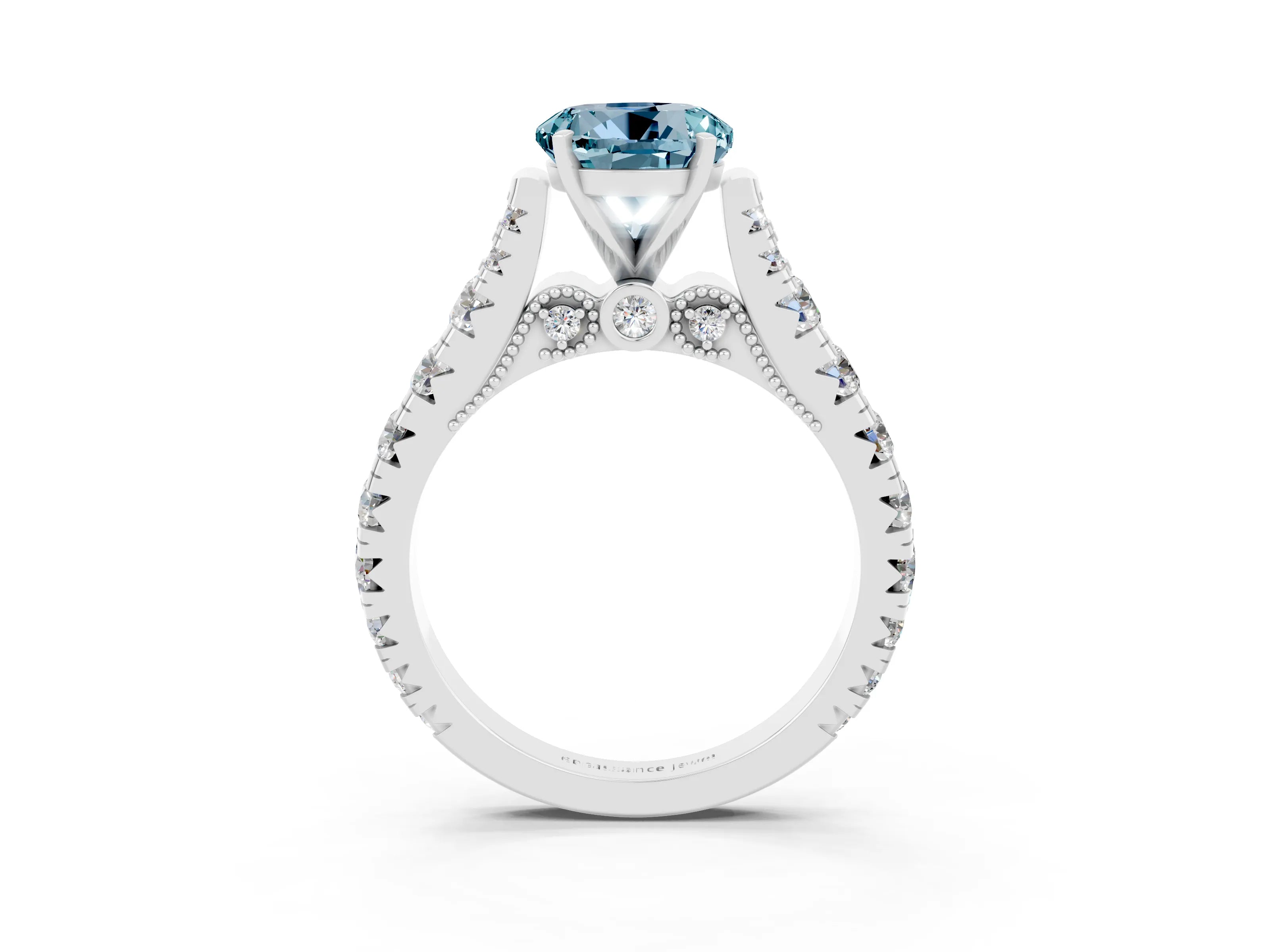 White gold Round Cut Aquamarine Classic Solitaire Ring with Pavé Band and Four-Prong Setting_12