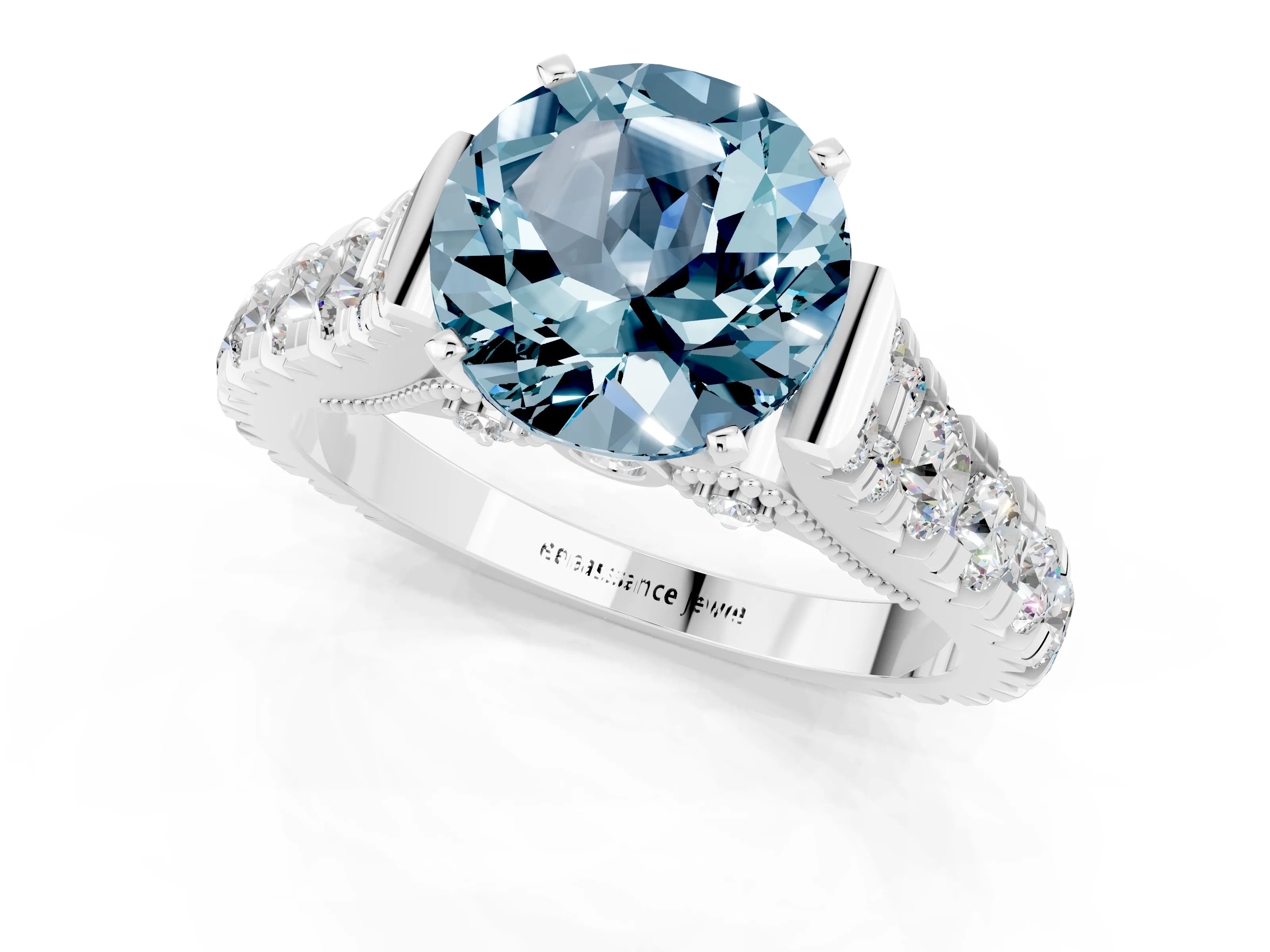 White gold Round Cut Aquamarine Classic Solitaire Ring with Pavé Band and Four-Prong Setting_22
