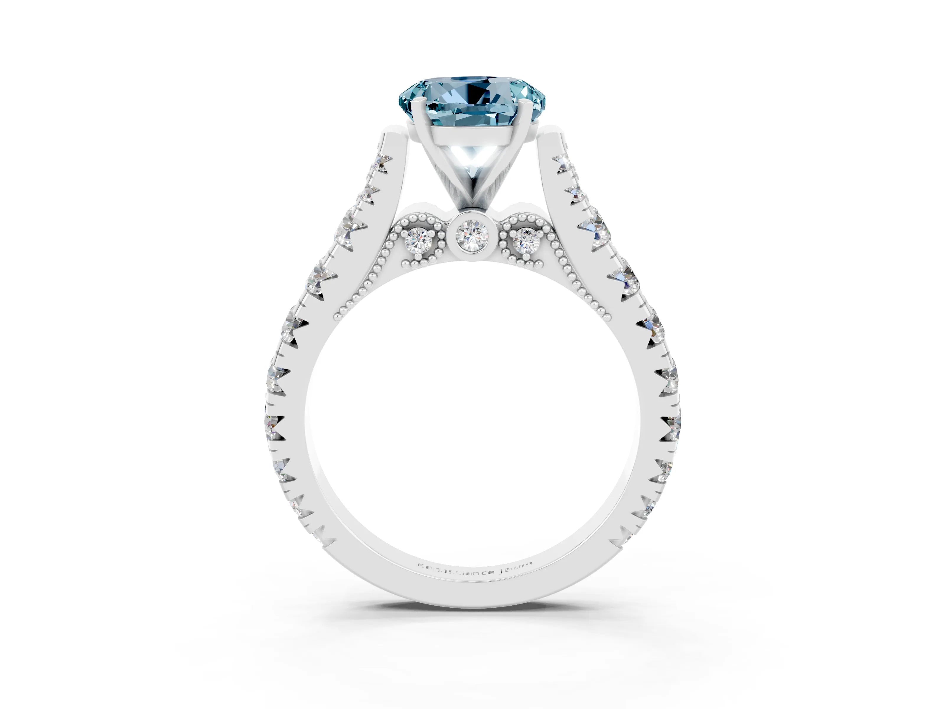 White gold Round Cut Aquamarine Classic Solitaire Ring with Pavé Band and Four-Prong Setting_3