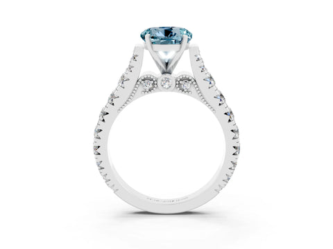 White gold Round Cut Aquamarine Classic Solitaire Ring with Pavé Band and Four-Prong Setting_3