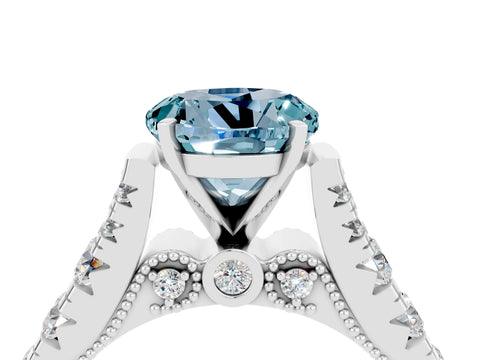 White gold Round Cut Aquamarine Classic Solitaire Ring with Pavé Band and Four-Prong Setting_4