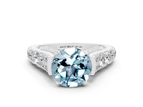 White gold Round Cut Aquamarine Classic Solitaire Ring with Pavé Band and Four-Prong Setting_6