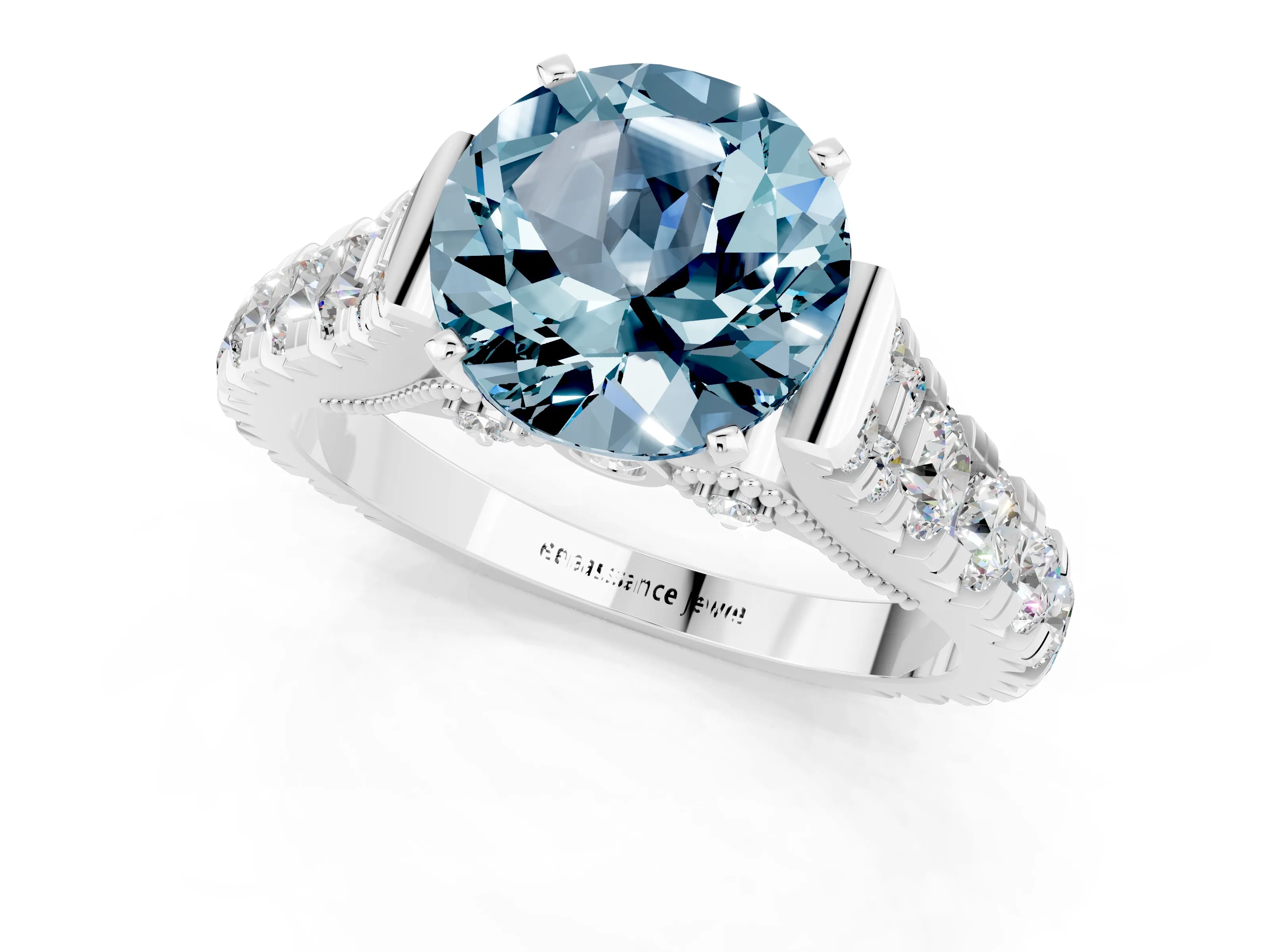 White gold Round Cut Aquamarine Classic Solitaire Ring with Pavé Band and Four-Prong Setting_7