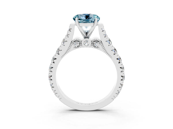White gold Round Cut Aquamarine Classic Solitaire Ring with Pavé Band and Four-Prong Setting
