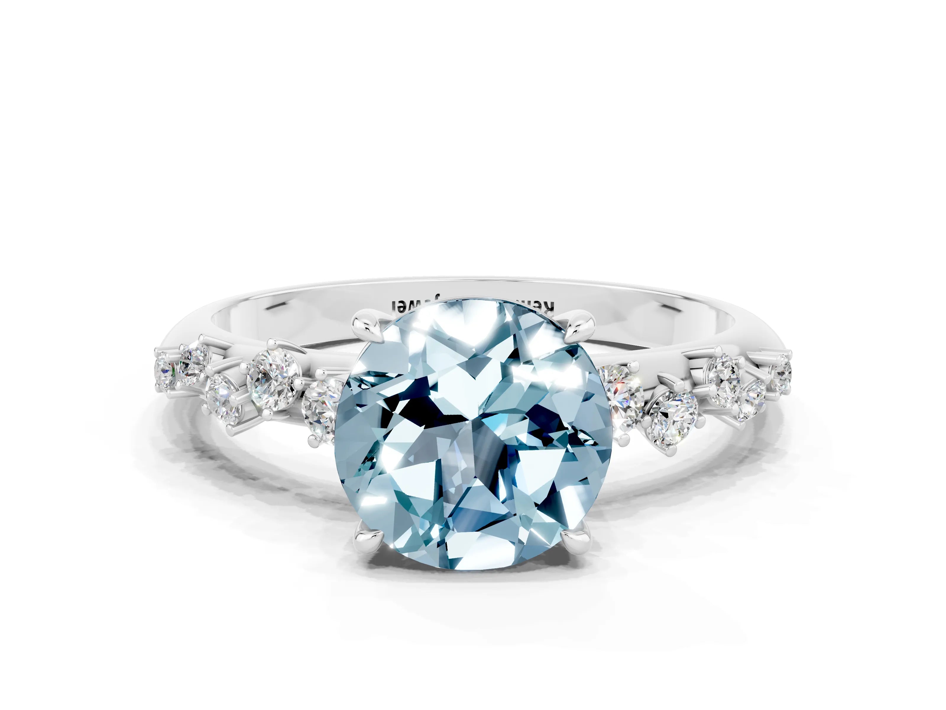 White gold Round Cut Aquamarine Cluster Side Stone Solitaire Ring with Prong Setting_24