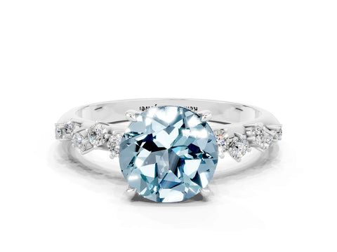 White gold Round Cut Aquamarine Cluster Side Stone Solitaire Ring with Prong Setting_24