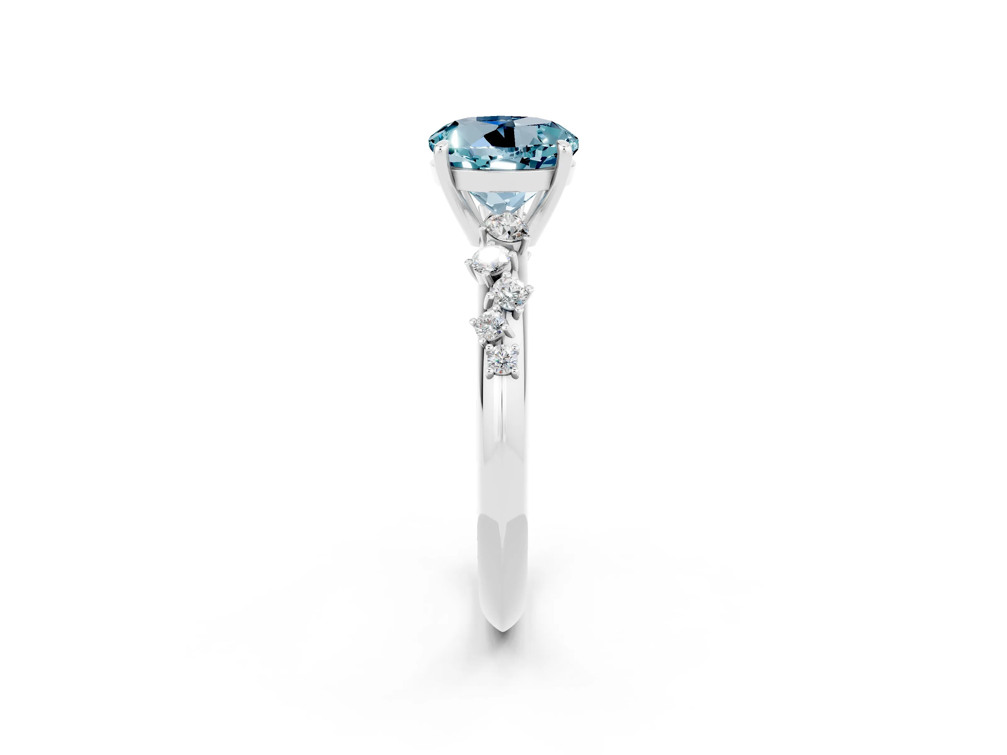White gold Round Cut Aquamarine Cluster Side Stone Solitaire Ring with Prong Setting_26