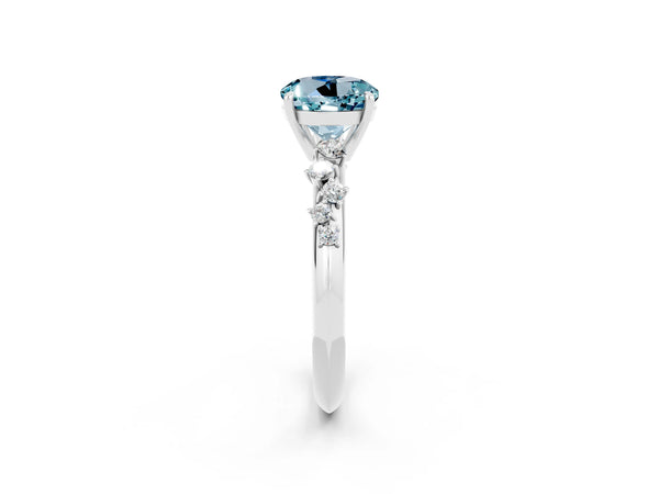 Silver Round Cut Aquamarine Cluster Side Stone Solitaire Ring with Prong Setting