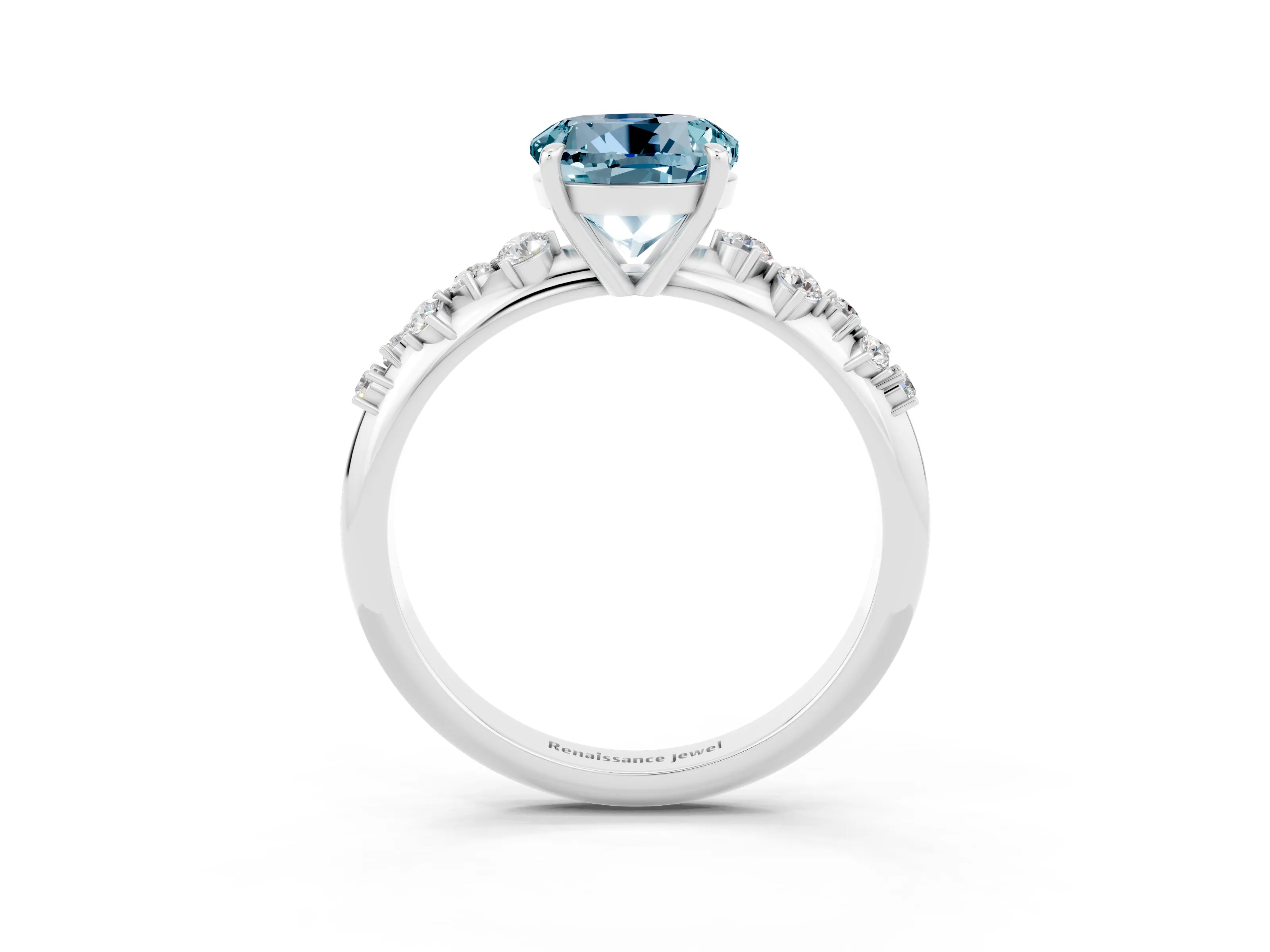 White gold Round Cut Aquamarine Cluster Side Stone Solitaire Ring with Prong Setting_27