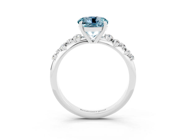 Platinum Round Cut Aquamarine Cluster Side Stone Solitaire Ring with Prong Setting