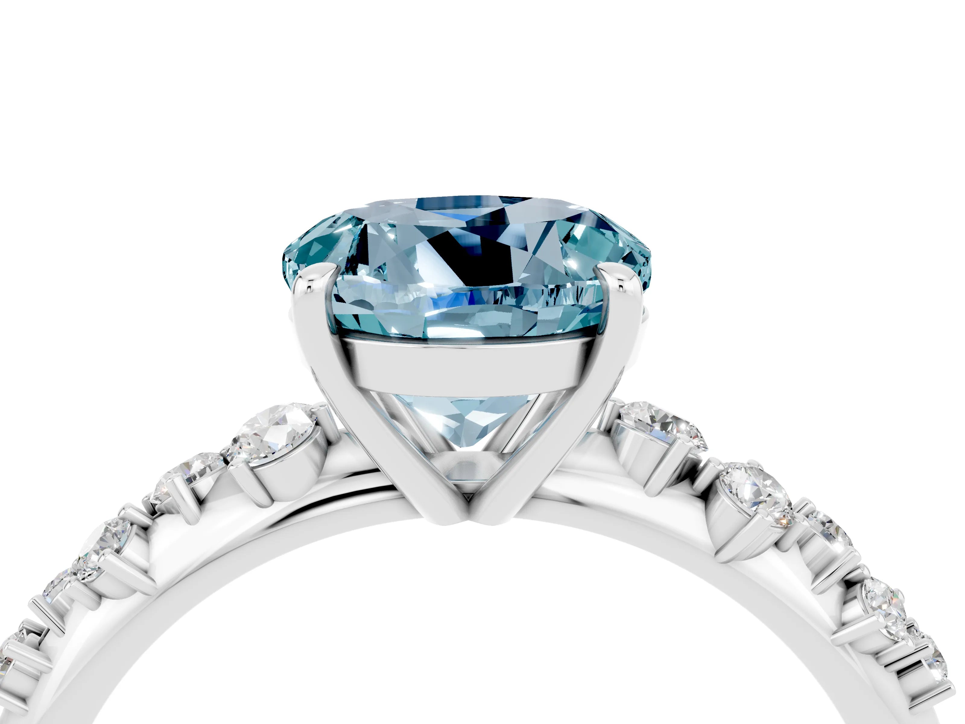 White gold Round Cut Aquamarine Cluster Side Stone Solitaire Ring with Prong Setting_28