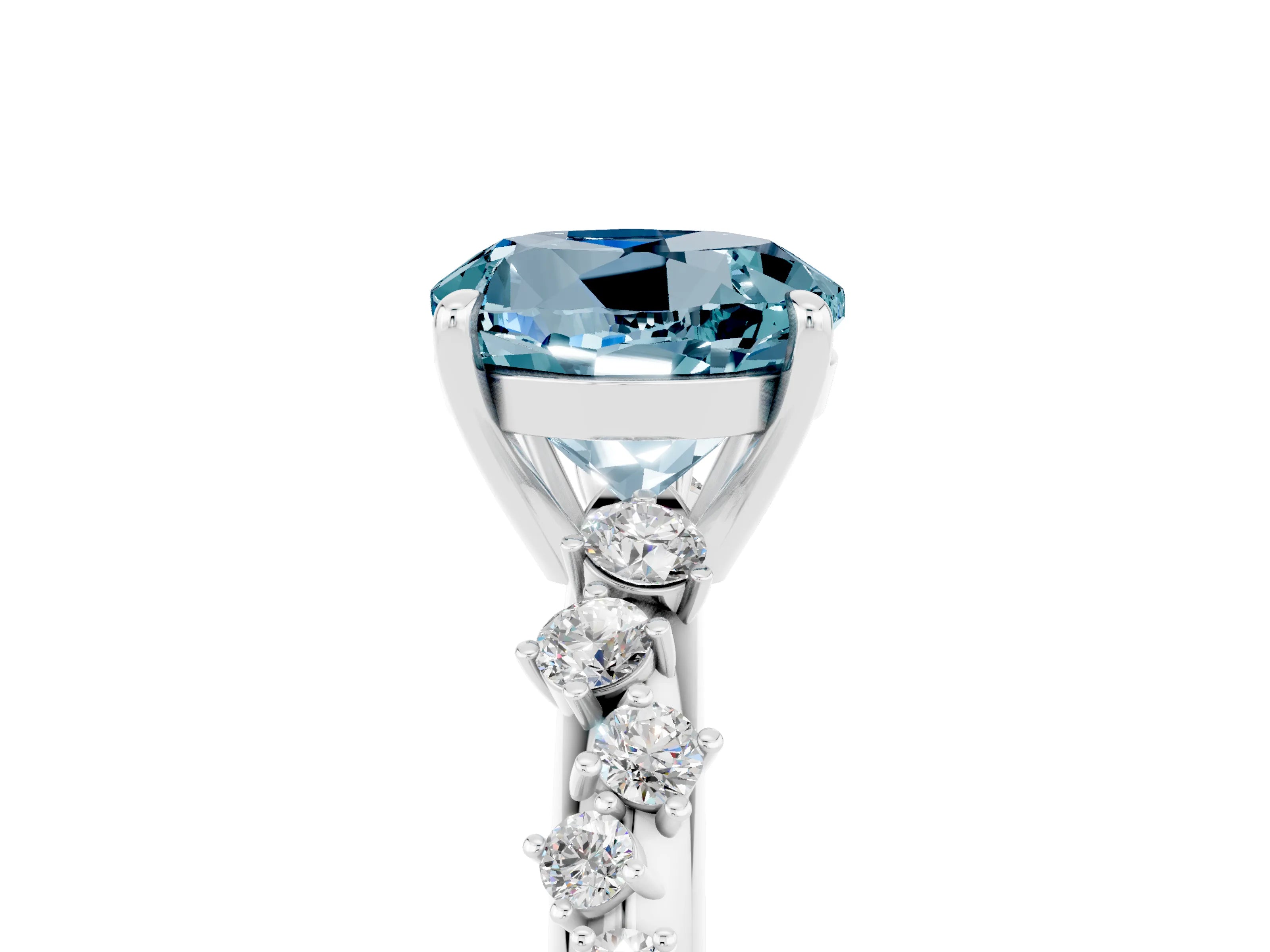 White gold Round Cut Aquamarine Cluster Side Stone Solitaire Ring with Prong Setting_29